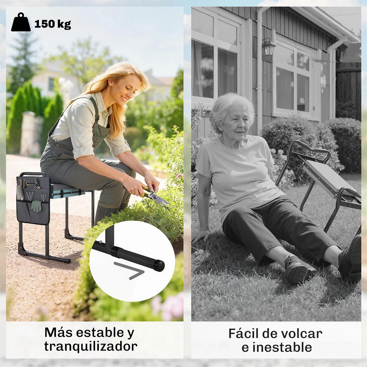 Outsunny Taburete de Jardín Plegable con Almohadilla de Espuma EVA, Asiento de Jardín Portátil con Bolsa para Herramientas, Patas Extensibles, Carga 150kg, Regalo para Jardineros Ancianos, Gris Oscuro
