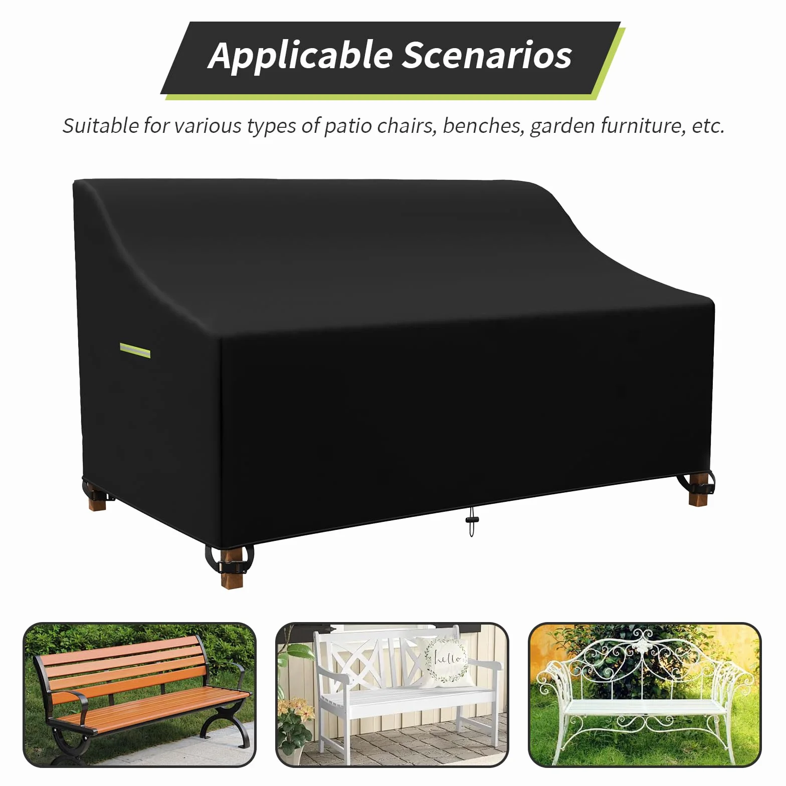 Funda impermeable para banco de jardín de 3 plazas, lona Oxford 600D, resistente a los rayos UV, con hebilla fija y cordón, 165 x 67 x 65/91 cm
