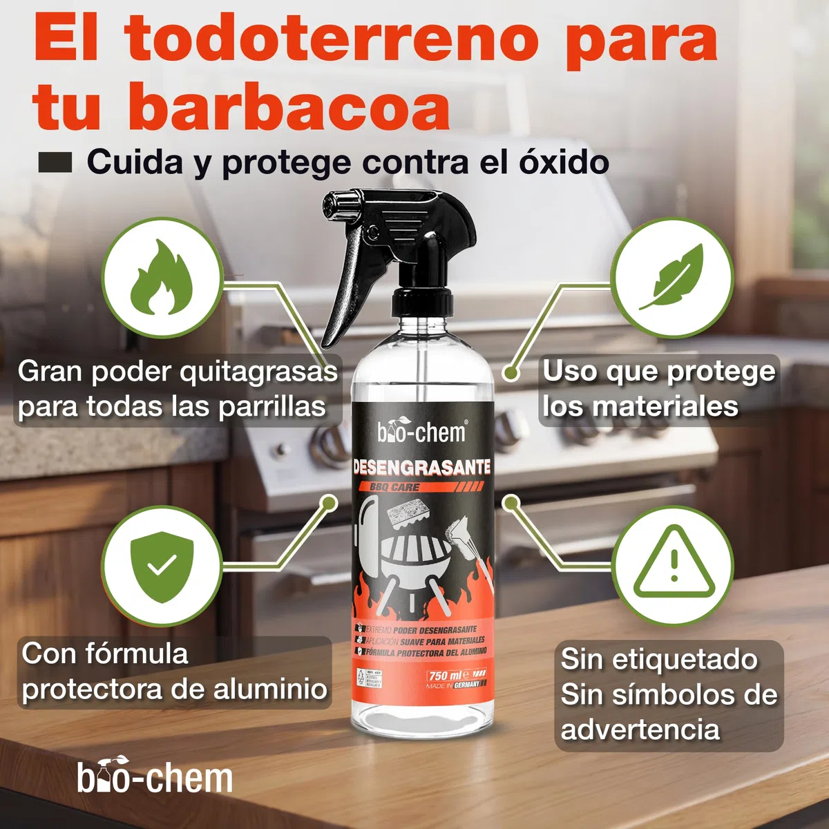 Bio-Chem - Limpiador para barbacoas 750ml - Spray para barbacoas Listo para Usar,iIdeal para el Verano - Limpiador desengrasante para Parrillas de Barbacoa