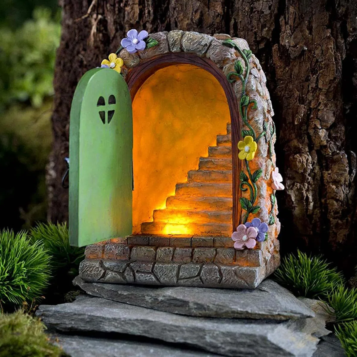 Puerta de Hadas para Jardín, Decoración de Árbol de Hadas, Escultura de Jardín de Patio con Energía Solar, Pintada a Mano, Resina de, Verde, Mágica, Retro, Exterior e Interior