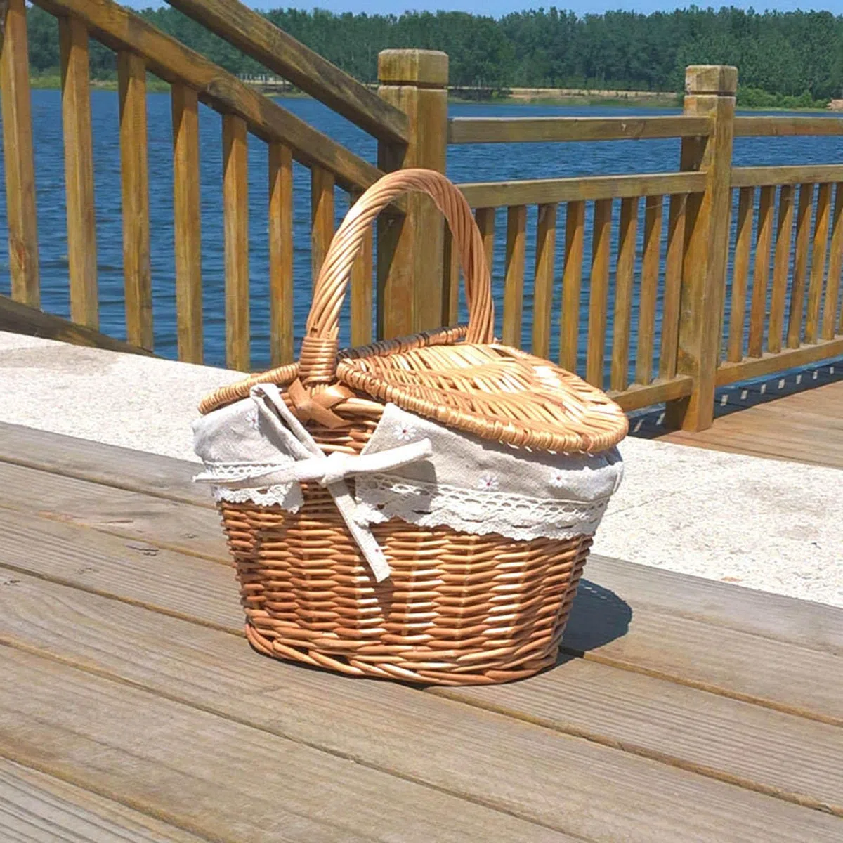 Cesta de picnic de mimbre tejida a mano con forro lavable para acampar al aire libre