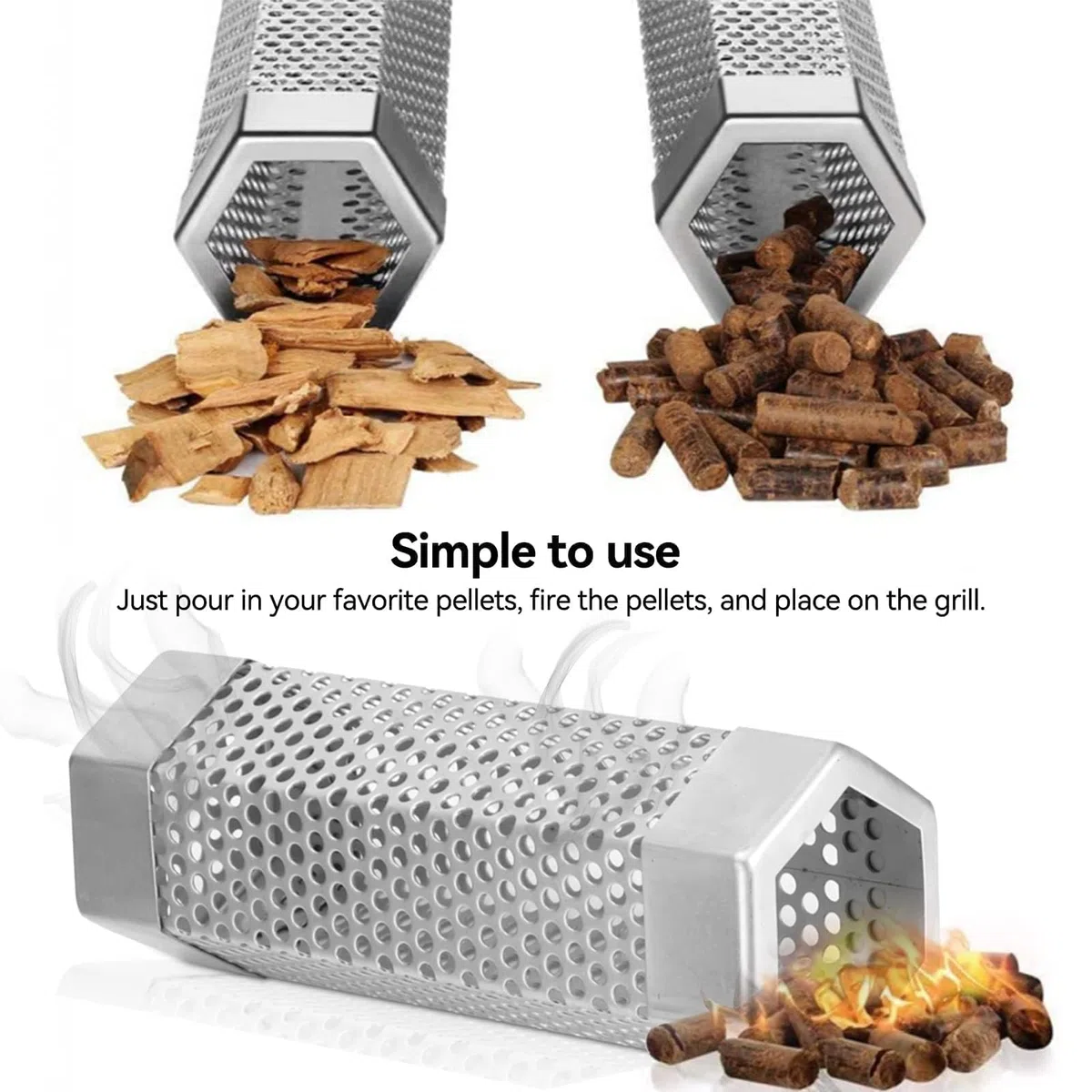 2pcs 2 tubos ahumadores de pellets, generador de humo hexagonal de acero inoxidable para barbacoas, tubo ahumador portátil para barbacoas de gas, carbón y eléctricas, accesorios