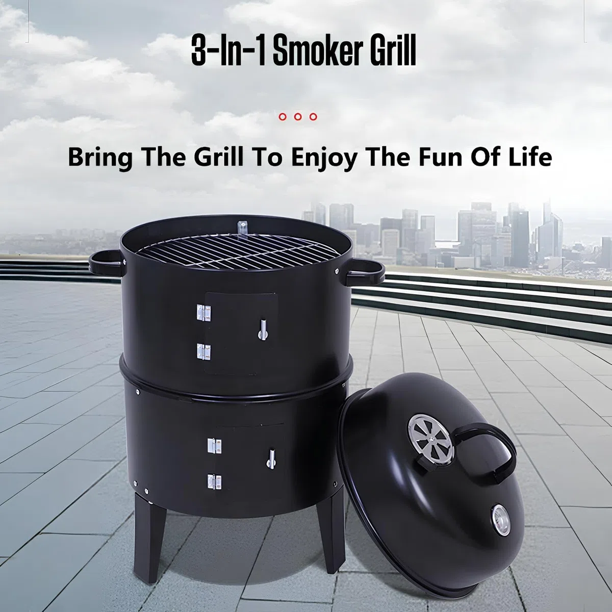 Ahumador Vertical De Carbón, Barbacoa De Carbón Redonda 3 En 1, Parrilla De Carbón Portátil De Acero con Dos Zonas De Cocción Y Termómetro para Camping Y Picnic