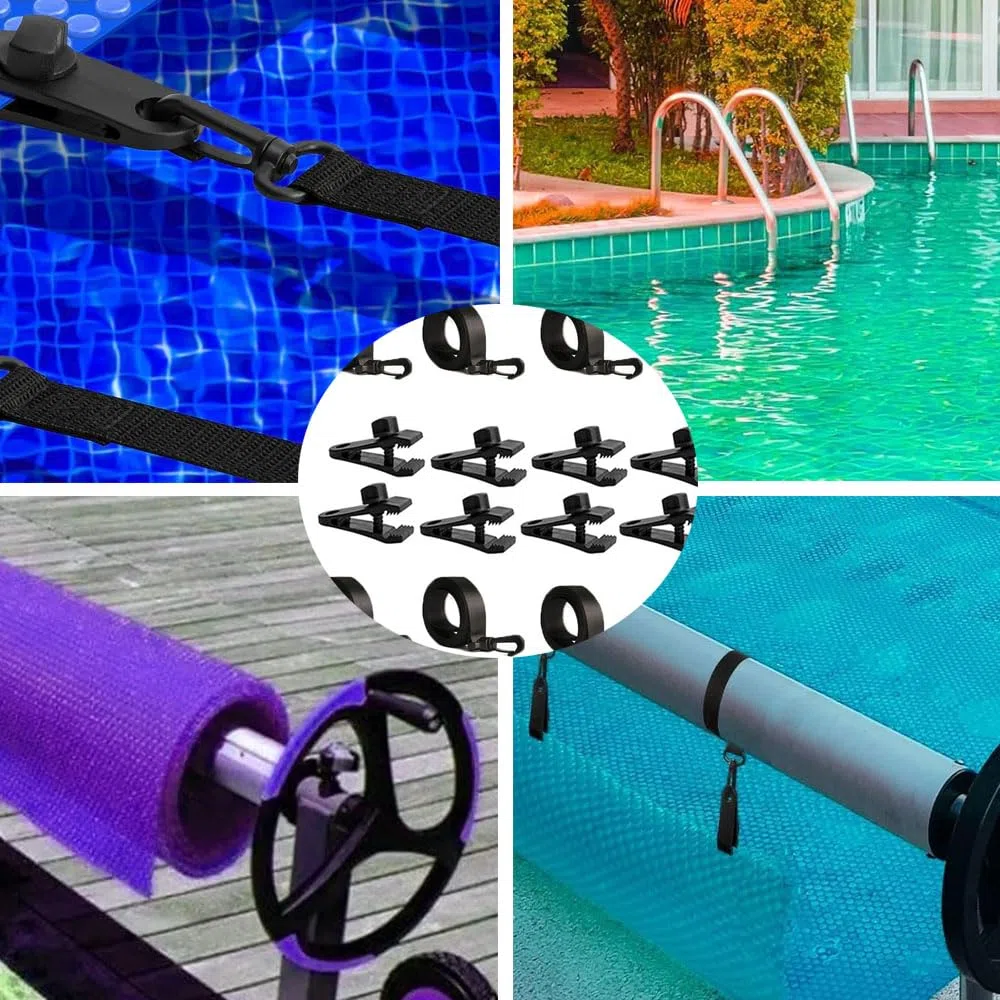 Bandas de sujeción, juego de 8 bandas de fijación y grapas, enrollador de piscina, lámina solar, para sistema de enrollado móvil, para lonas de piscina/cubiertas