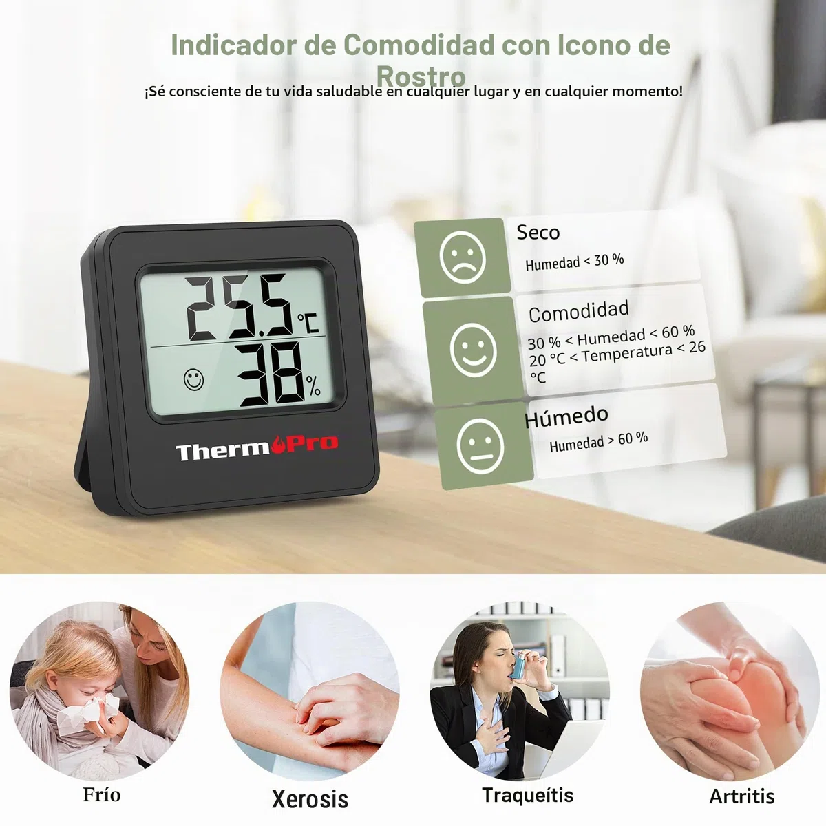 ThermoPro TP157 Termómetro Higrómetro Digital Casa, Medidor de Humedad con Indicador Sonriente, Ideal para Sala de Estar, Oficina, Garaje o Invernadero, 3 piezas