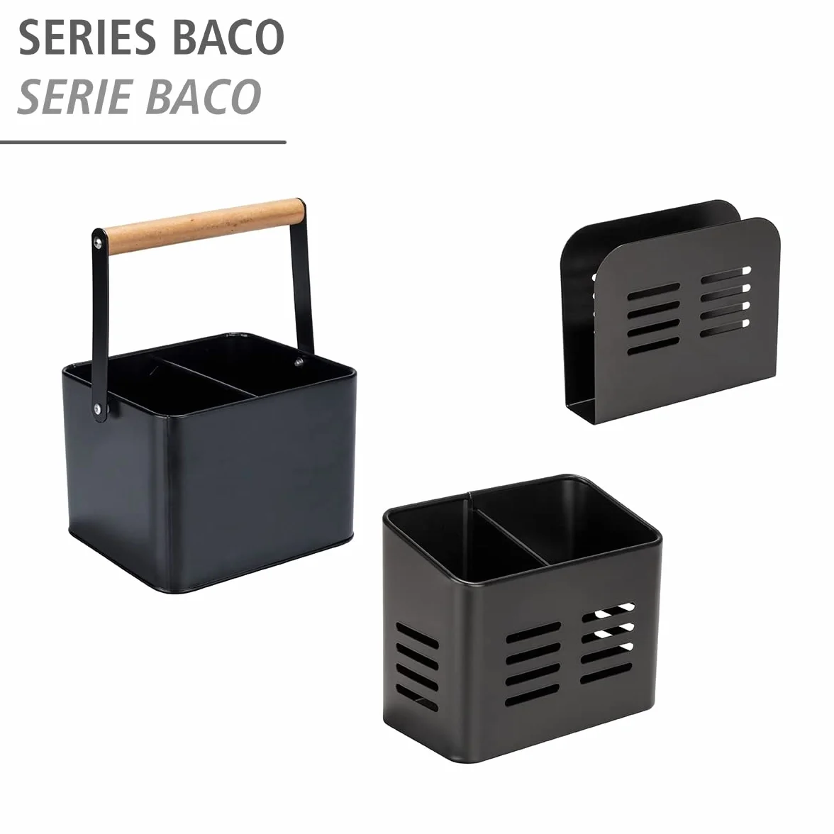 WENKO Cesta de utensilios Baco, accesorio Black Outdoor Kitchen, cesta de transporte robusta fabricada de metal negro recubierto de polvo y asa de madera flexible, ideal para salsas, 18 x 25,5 x 15 cm