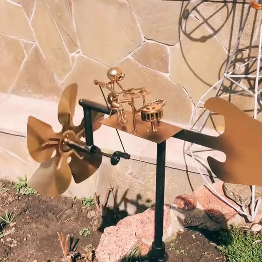 Molino de viento de metal hecho a mano, decoración de jardín, escultura cinética alimentada por el viento, para decoración de patio, césped, jardín, patio, regalos para amigos (dorado)