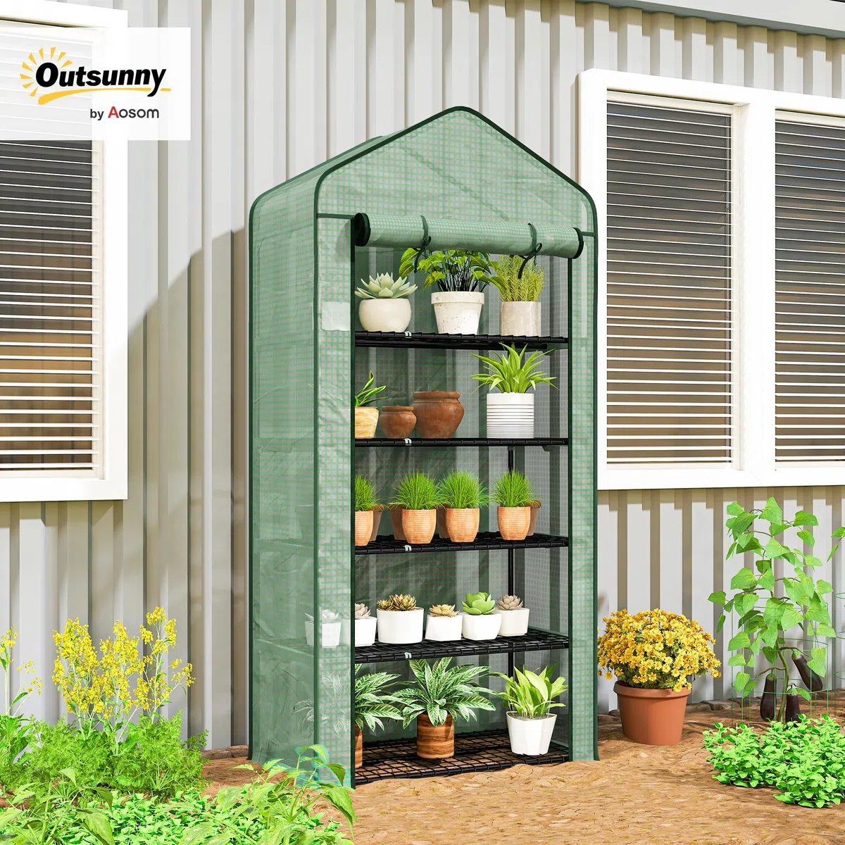 Outsunny Invernadero de Jardín de 5 Niveles Invernadero Pequeño Exterior con Puerta Enrollable con Cremallera Anti-UV Diseño Ensanchado y Estantes para Cultivo de Plantas Flores 90x49x193cm Verde