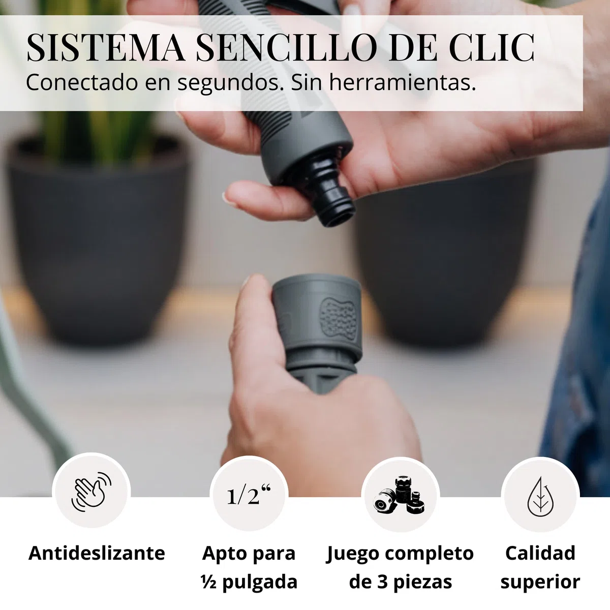 LIVLIG - Conector de manguera de plástico para manguera de jardín de 1/2 pulgadas en juego, acoplamiento de goma para manguera de jardín, color antracita
