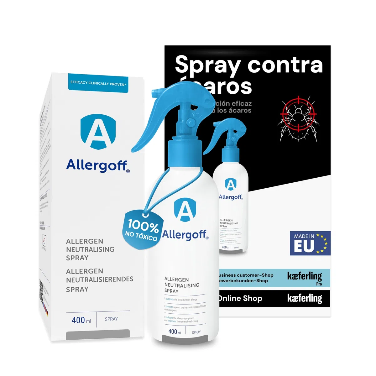 Allergoff Spray Antiacaros 400ml - No tóxico - Antiacaros para Colchon, Cama y Textiles - Para alérgicos - Eliminar los síntomas - Neutraliza alérgenos de acaros, animales domésticos, polen y moho