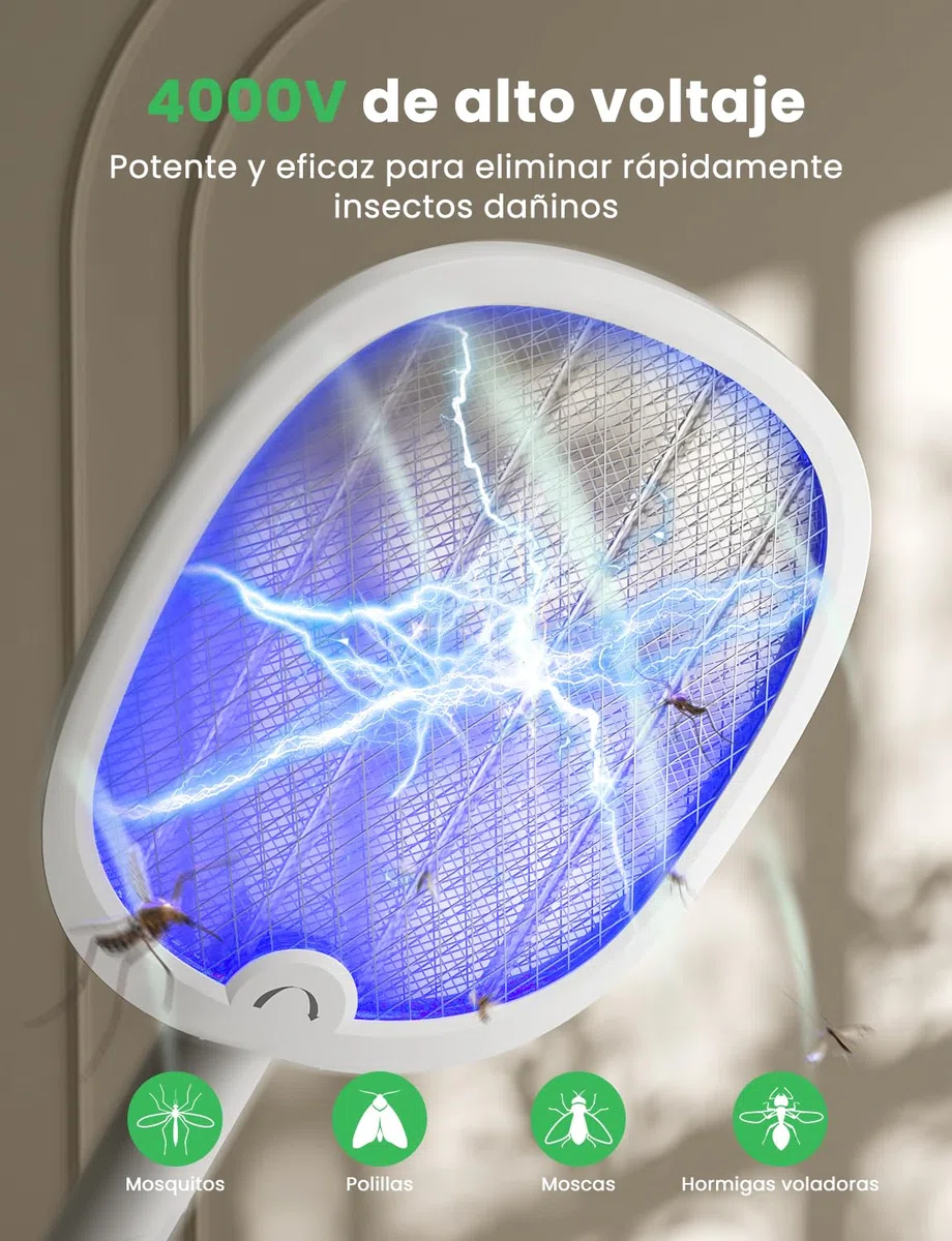 YISSVIC Raqueta Mosquitos Electrica Mata Mosquitos Electrico Plegable 2 en 1 4000V 1800mAh USB-C Recargable Matamoscas Electrico de Luz UV Blanco