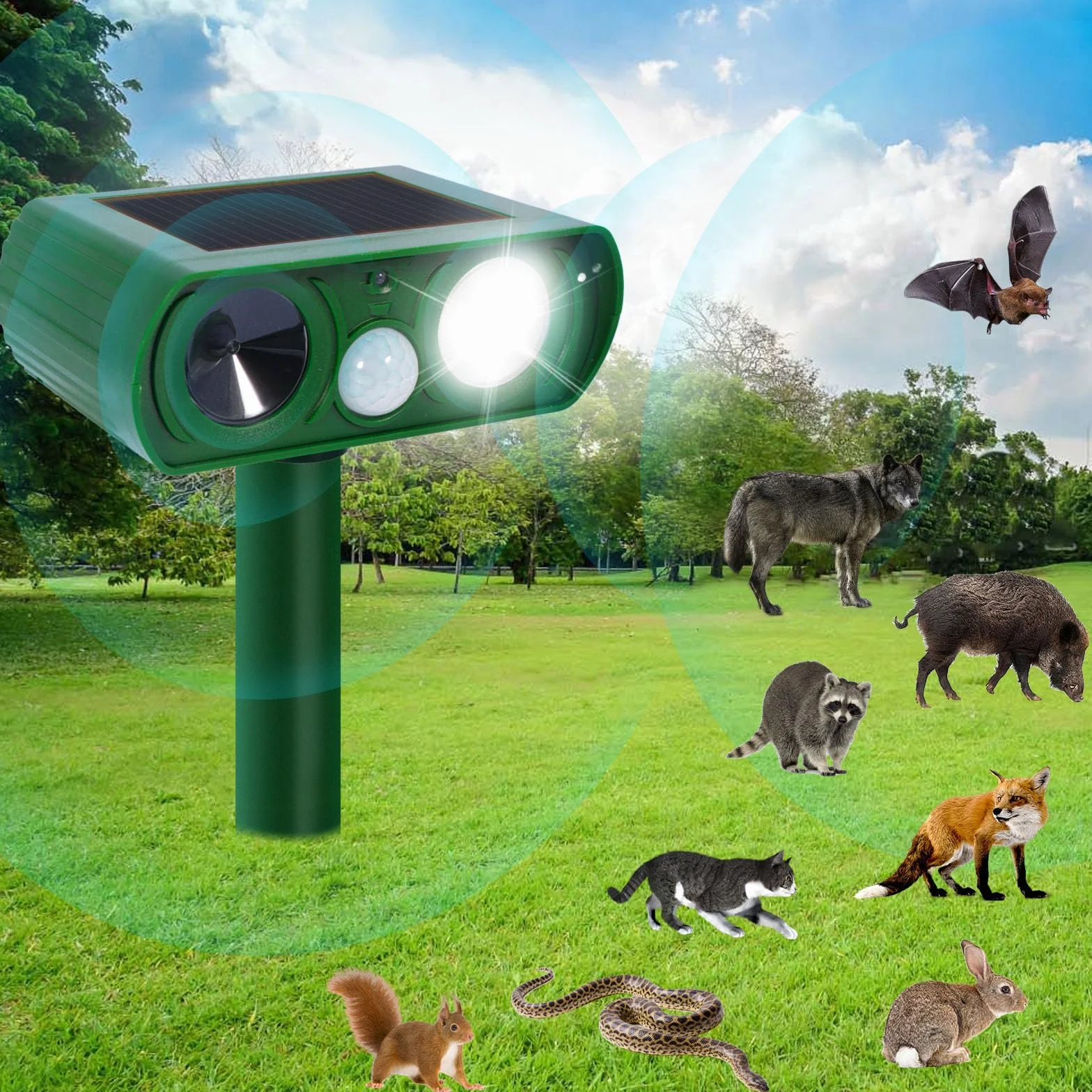 Repelente para Gatos Exterior, Ultrasónico Ahuyentador de Perros, Palomas, Pájaros, Perros, Ratones, Zorros, Disuasión Solar IPX4 Impermeable con LED Intermitentes
