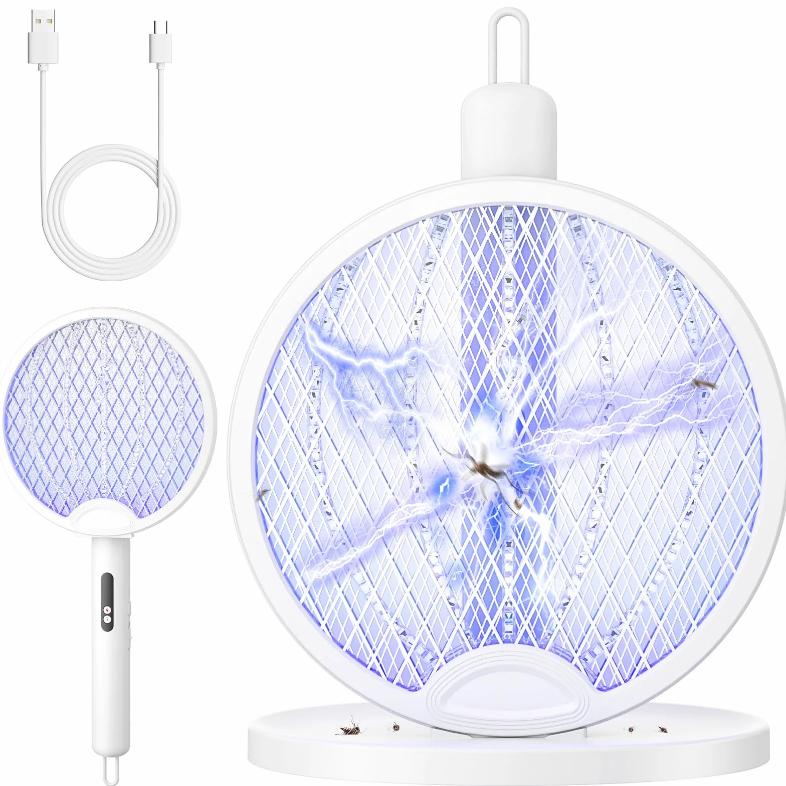 YISSVIC Raqueta Mosquitos Electrica Mata Mosquitos Electrico Plegable 3 en 1 4000V 1800mAh con Base Recargable USB-C Matamoscas Electrico de Luz UV para Mata Mosquitos, Polillas y Hormigas Voladoras