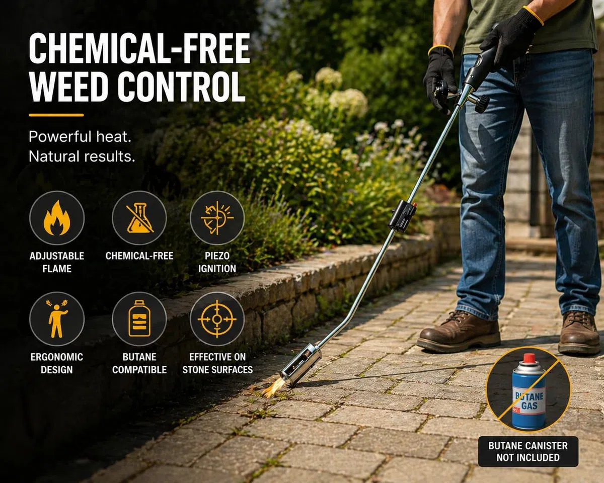 Kinzo Quemador de Malas Hierbas 80 cm - Herbicida Malas Hierbas Potente con Soplete Gas - Quemador de Gas sin Cables para Jardín - Herbicida Seguro para Piedra y Hormigón