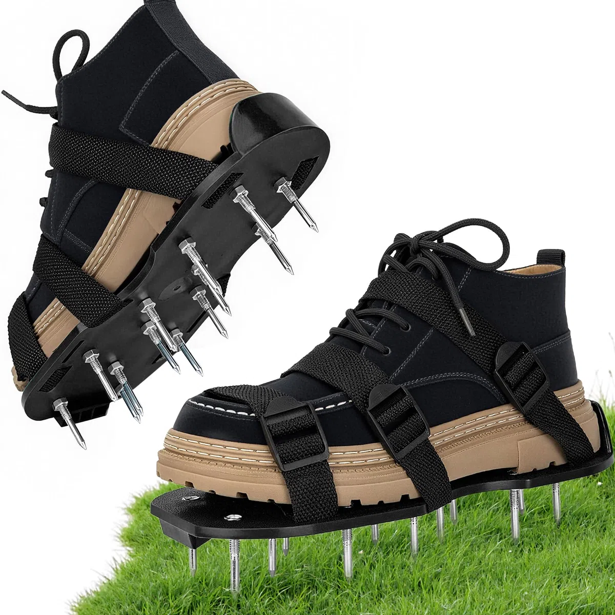 Zapatos aireadores de césped con correas dobles en el empeine, sandalias de aireación con pinchos resistentes, aireación eficaz, tamaño universal, premontadas para césped, patio, jardín