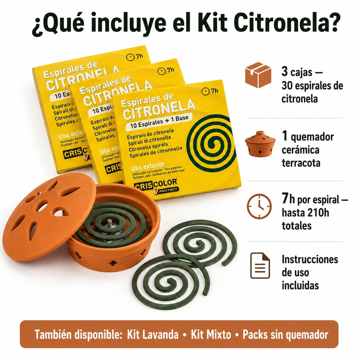 Kit Terraza Antimosquitos 30 Espirales Citronela + Quemador Cerámica Terracota – 7h Espiral – Antimosquitos Exterior Jardín Terraza Balcón – Mugy