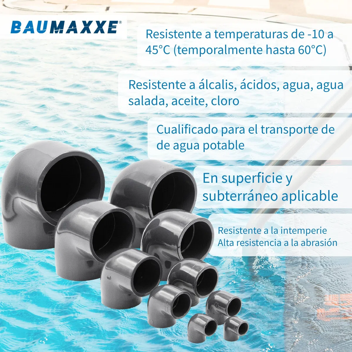 Codo PVC 90° encolable PN16 I 63 mm 2 pulgadas PVC-U gris I Racor para unir tuberías en ángulo para piscina riego y fontanería I bm084