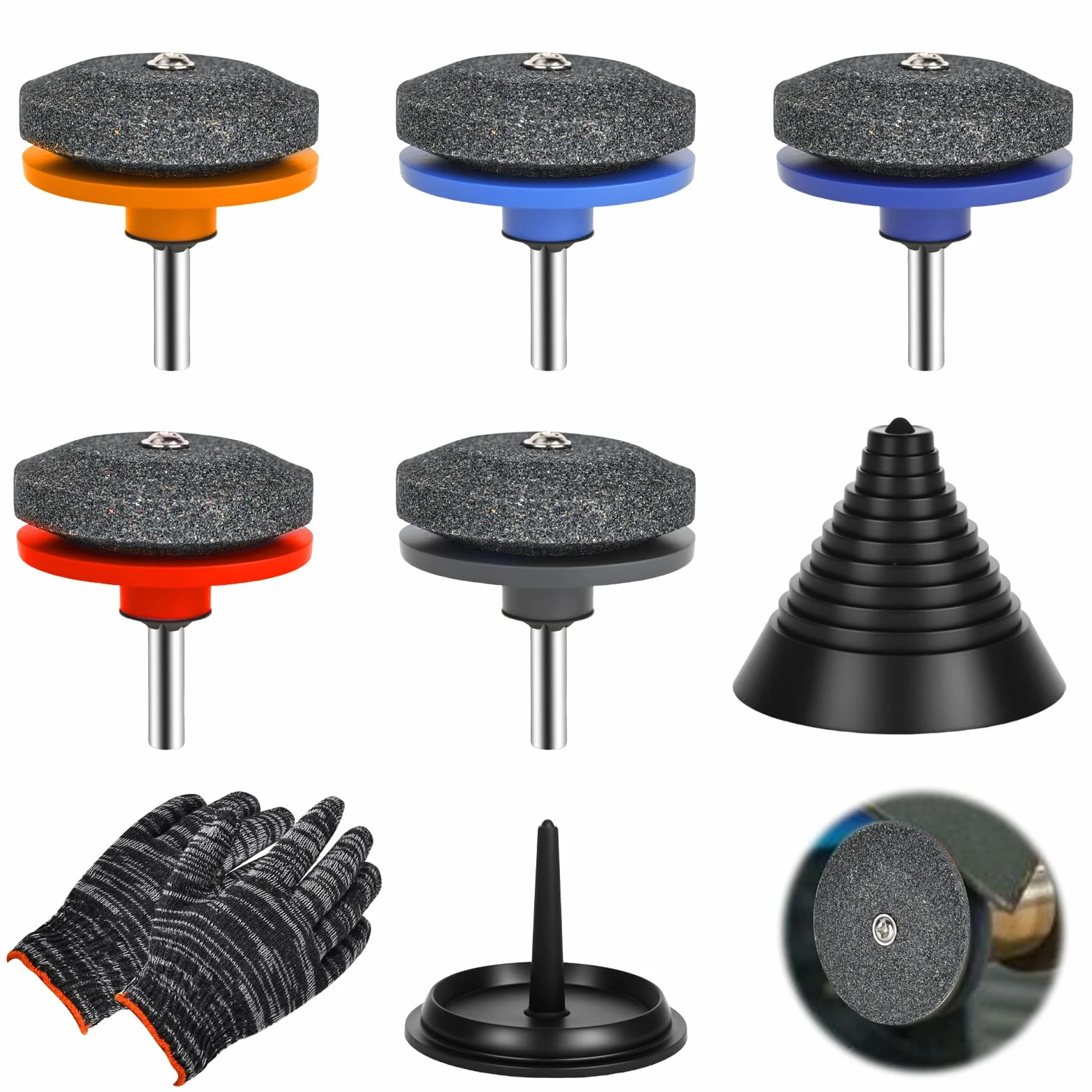 Juego de 7 afiladores para cortacésped, afilador de cuchillos, afilador con nivelador de cuchillas y guante, afilador de herramientas de jardín para cualquier taladro eléctrico de mano y herramientas