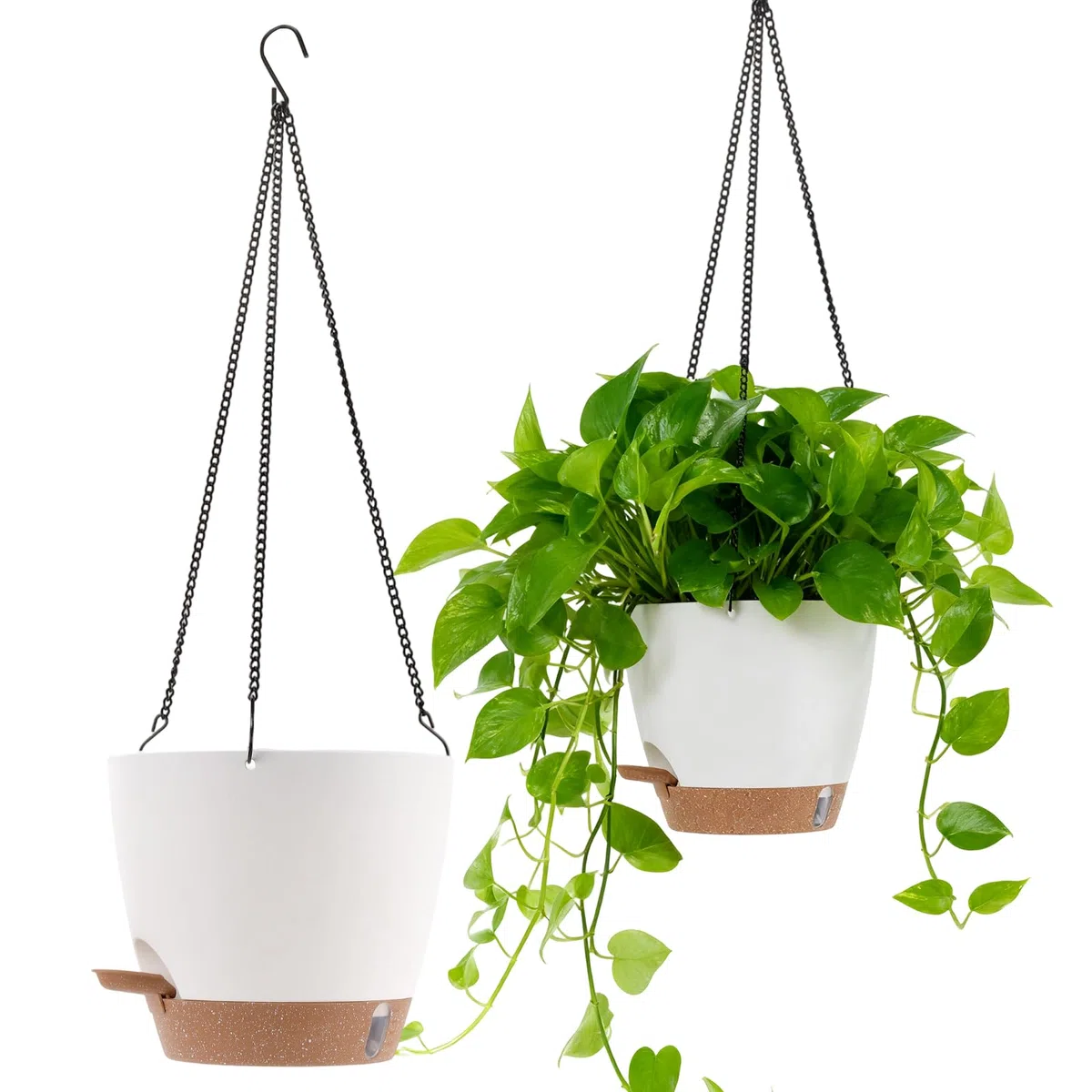 SINJEUN Juego de 2 macetas colgantes de 20,3 x 17,8 cm, color blanco y dorado, para exteriores, con almacenamiento de agua, para plantas, interior y exterior