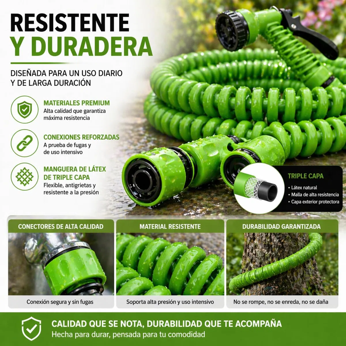 Manguera jardín espiral extensible hasta 7.5M con Pistola Rociadora 7 modalidades de riego. ideal balcones, terrazas y jardines. Manguera de agua.