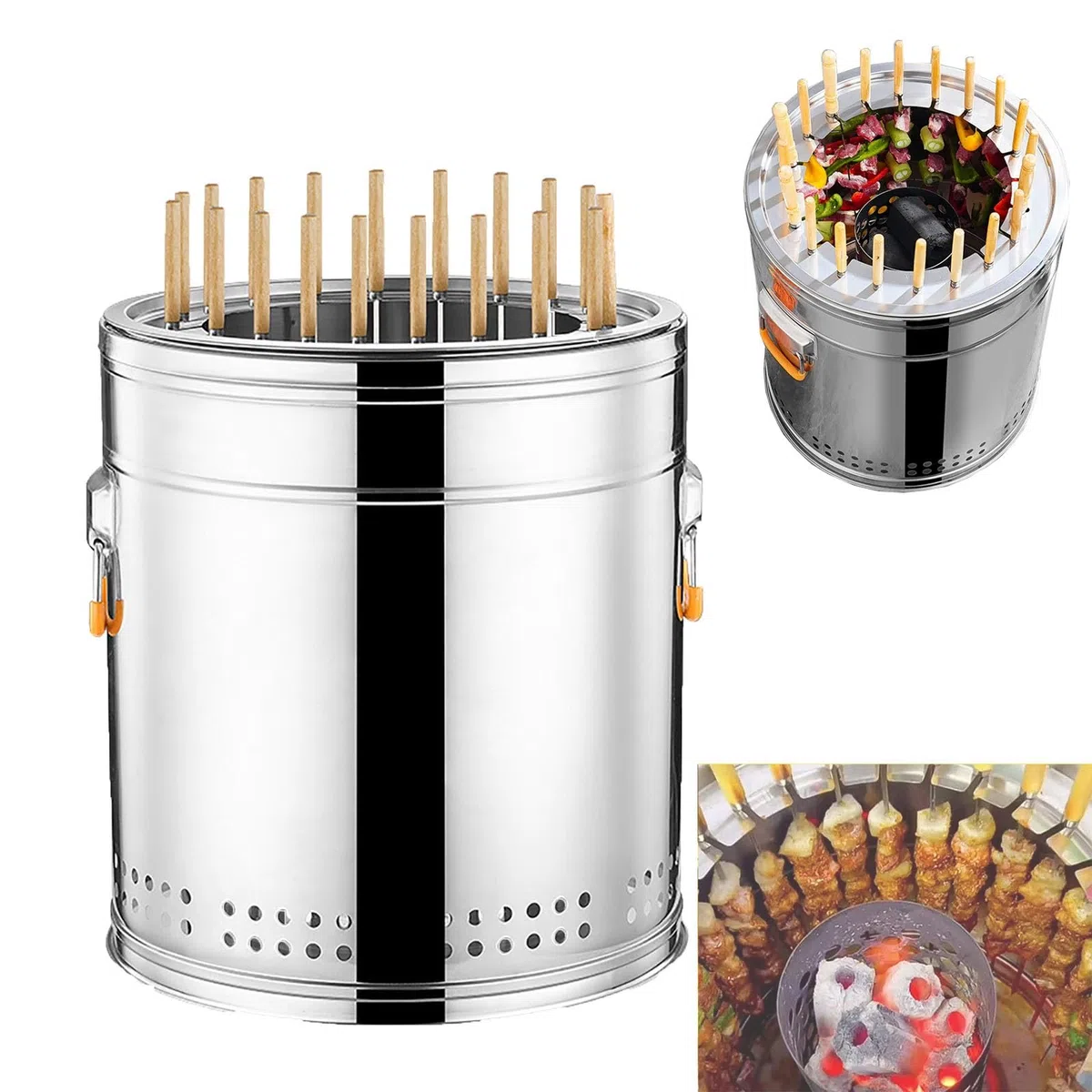 Combo de parrilla de carbón y ahumador portátil de acero inoxidable para un calor uniforme, fácil de usar y limpiar, ideal para balcones y patios traseros