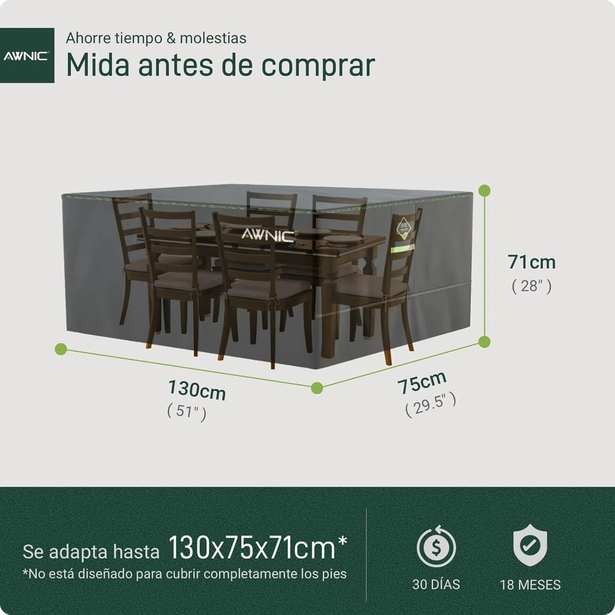 AWNIC Funda para Mesa Exterior Impermeable, Resistente a los Rayos UV y a los Desgarros Funda Protectora Muebles Jardin, AlicanTex Tecnología Resistente a la Intemperie Funda Mesa Jardin 130x75x71cm