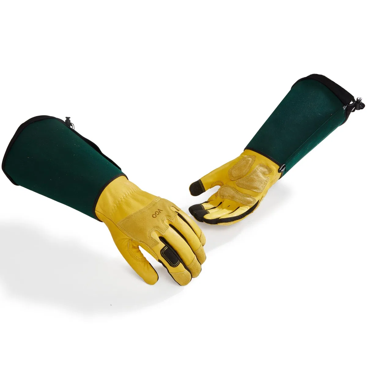 Vgo... Guantes de Jardinería(6.7" Gauntlet Anti-Espinas) Cuero de Vaca, Pantallas Táctiles, Resistencia a la Abrasión para Paisajismo, Poda de Rosales, Bricolaje Exterior(CA7472-UN,Amarillo,XL,1 par)