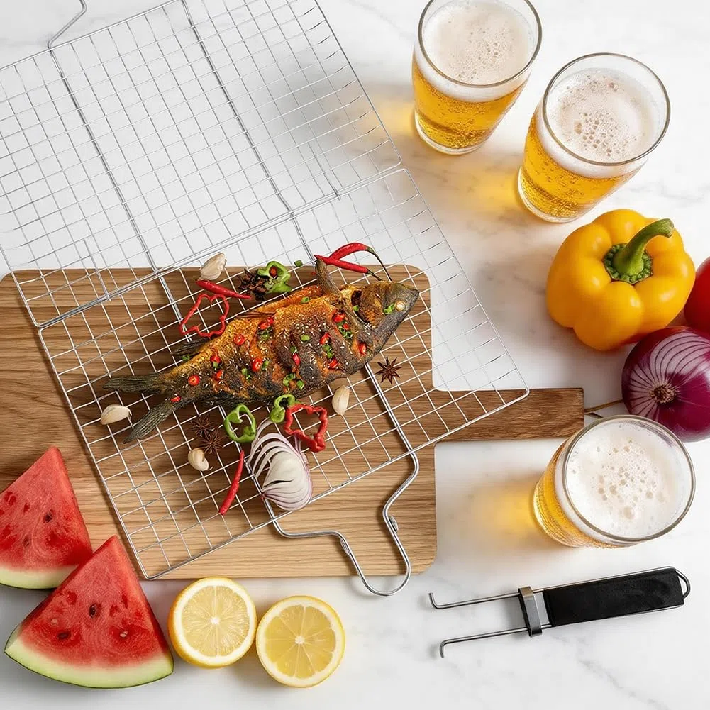 Cesta para Asar a la Parrilla, 304 Parrilla Acero Inoxidable para Asar con Bolsa y Cepillo, con Mango de Madera Desmontable, para Pescado, Carne, Verduras, Asado, Camarón, etc(33.5cm×22cm)