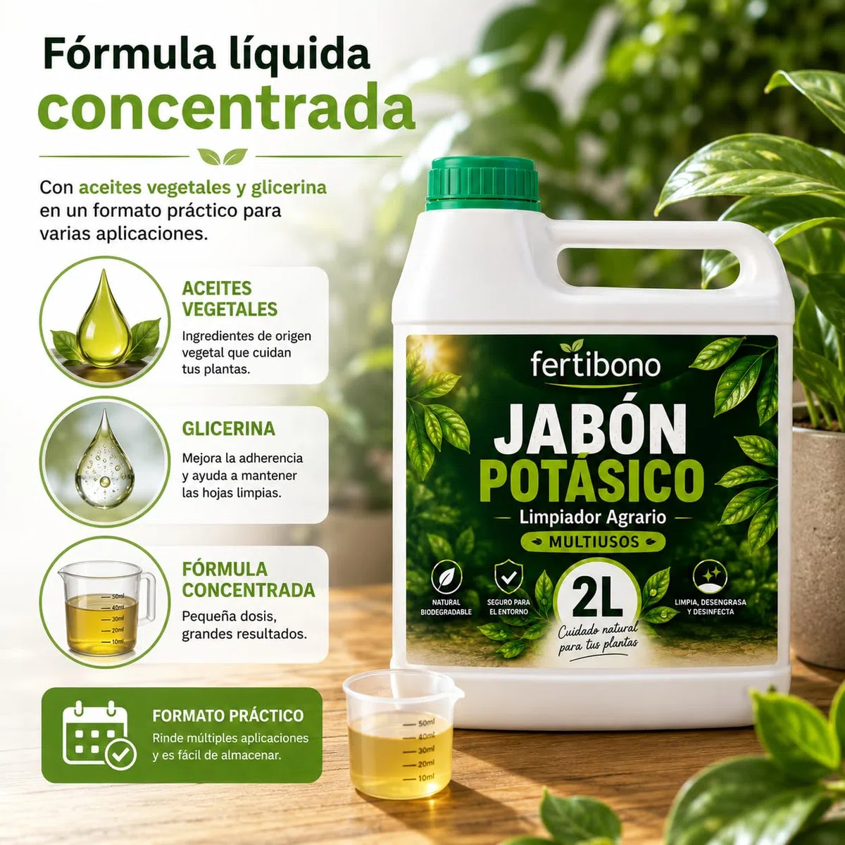 Jabón Potásico Concentrado 2L FERTIBONO para Plantas, Huerto y Jardín | Fórmula Líquida para Diluir y Pulverizar | Uso en Interior y Exterior