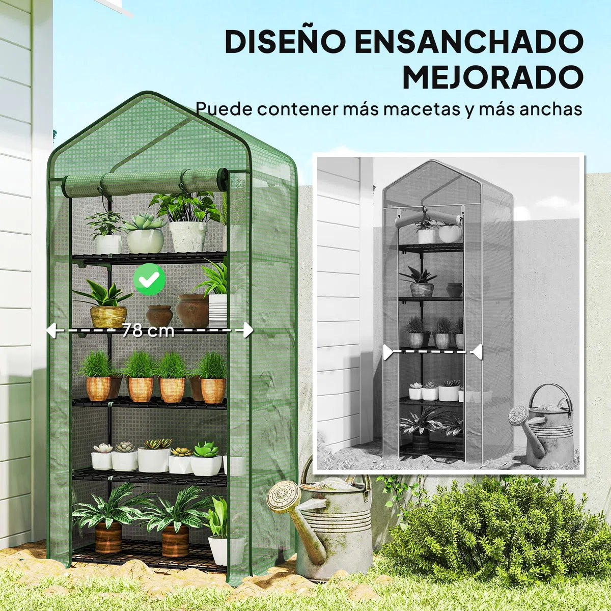 Outsunny Invernadero de Jardín de 5 Niveles Invernadero Pequeño Exterior con Puerta Enrollable con Cremallera Anti-UV Diseño Ensanchado y Estantes para Cultivo de Plantas Flores 90x49x193cm Verde