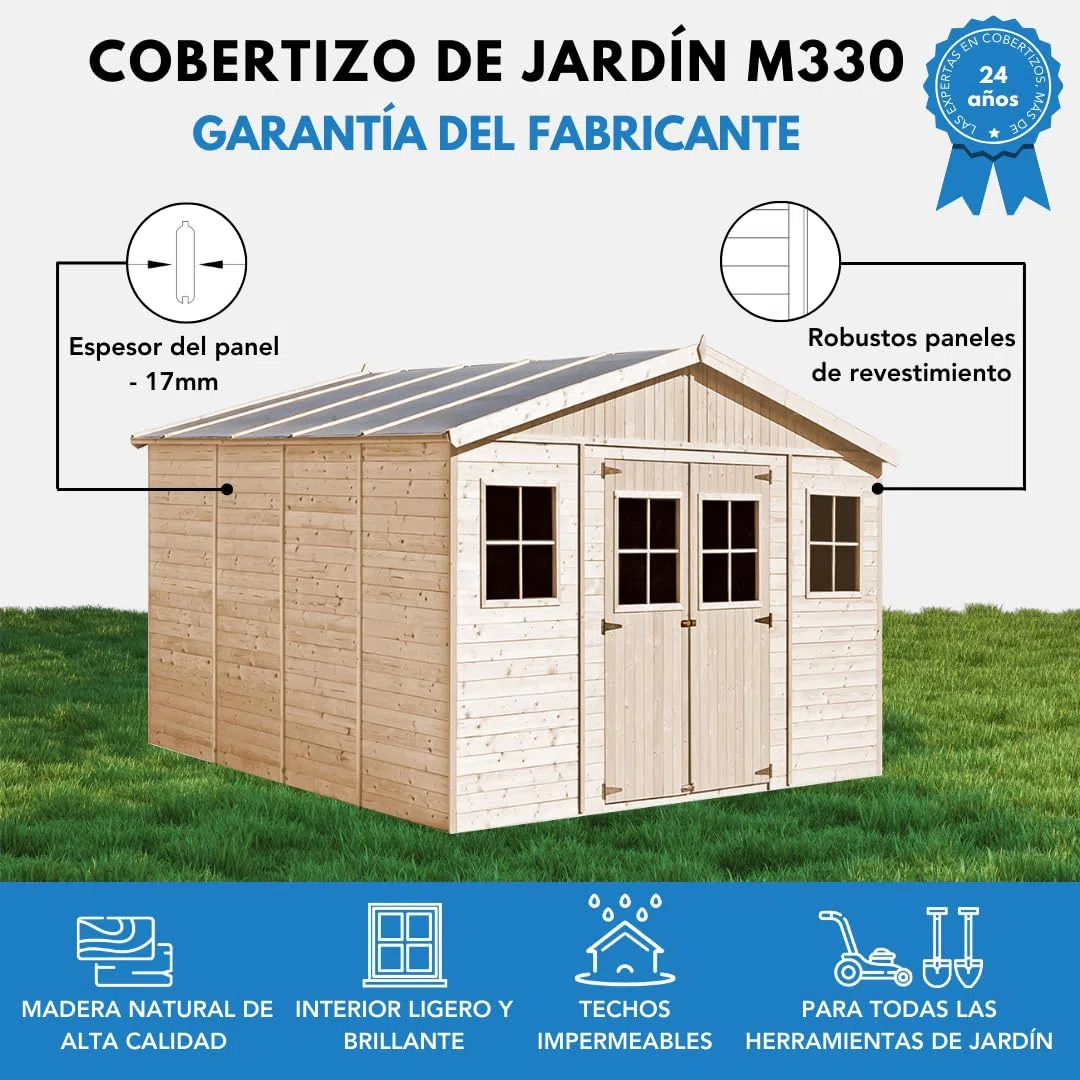 Caseta de Jardín Exterior de Madera 16 m², Cobertizo para Bicicletas, Caseta de Almacenamiento, Pared de 17 mm, Ventana, TIMBELA M330+M330G
