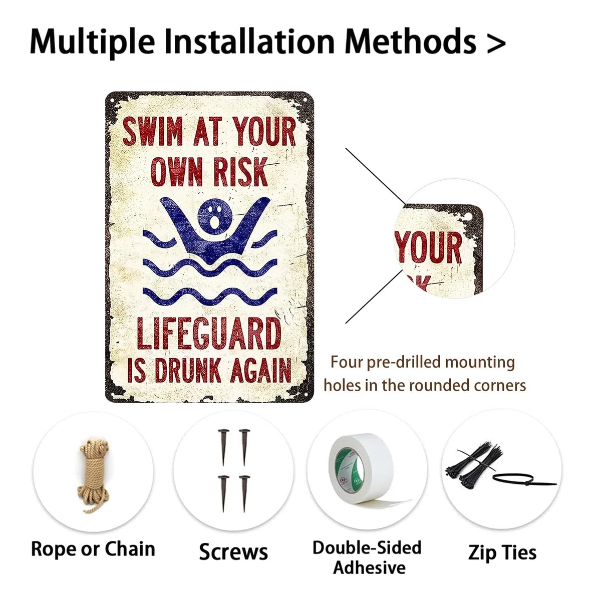 Letreros de metal con texto en inglés "SWIM AT YOUR OWN RISK" (2466)