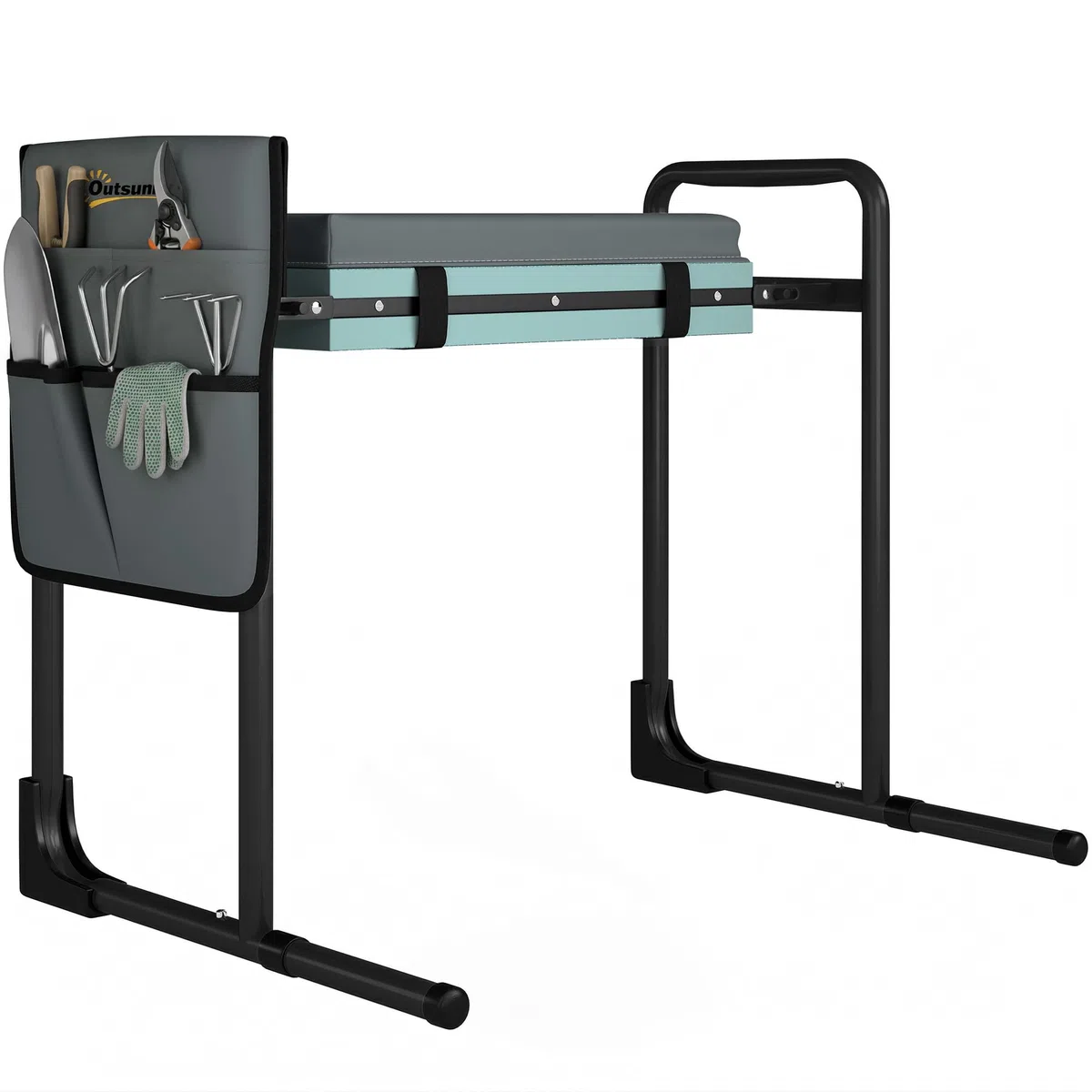 Outsunny Taburete de Jardín Plegable con Almohadilla de Espuma EVA, Asiento de Jardín Portátil con Bolsa para Herramientas, Patas Extensibles, Carga 150kg, Regalo para Jardineros Ancianos, Gris Oscuro