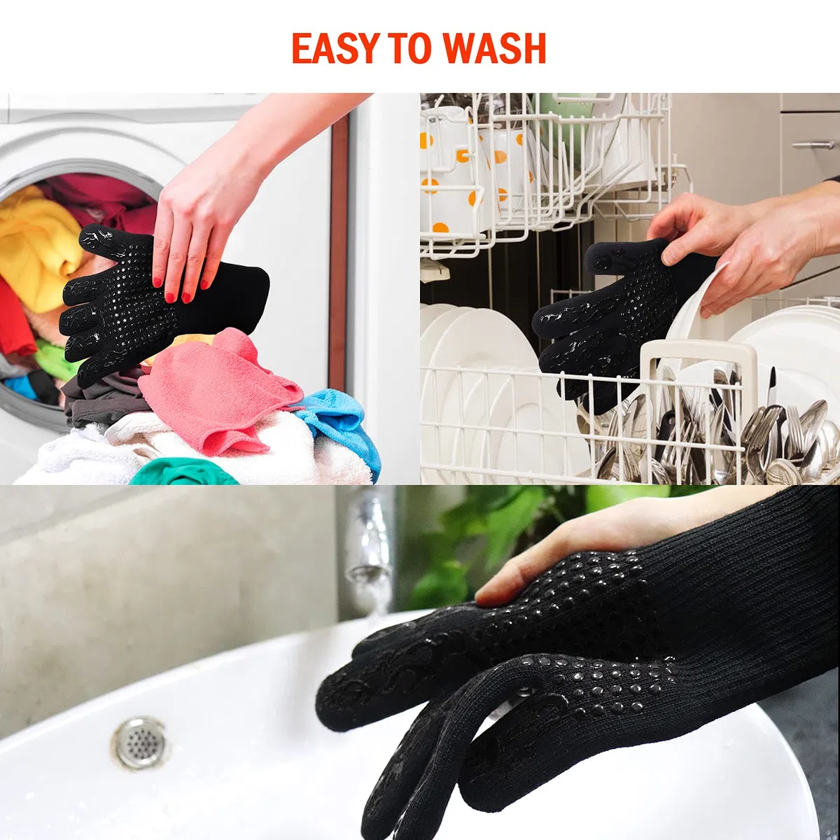 WIN.MAX Guantes para Barbacoa, Guantes de Horno para Barbacoa, Guantes de Cocina, Guantes Resistentes al Calor, Guantes de Chimenea hasta 800 °C, 1 par de Silicona Antideslizante (Igualdad Negra)