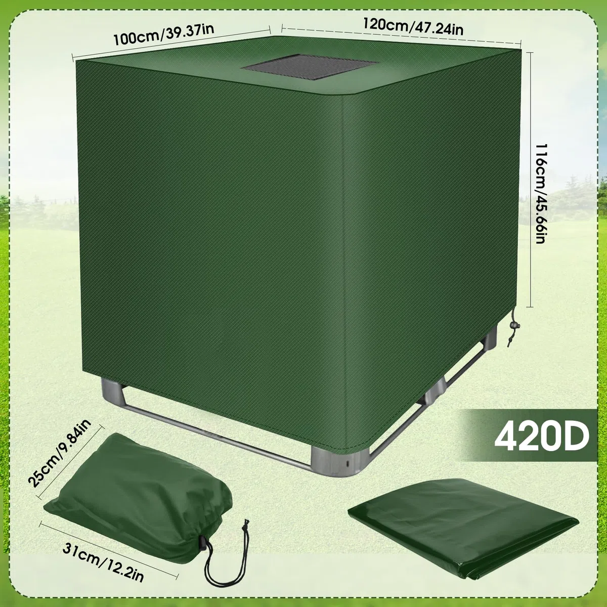 Ulikey Cubierta para Tanque IBC 1000L, 120 x 100 x 116 cm, Cubierta Funda Deposito, 420D IBC Tank Cover con Cremallera, Cierre de Cubierta Protectora Anti-UV para Tanque de Agua (Verde)