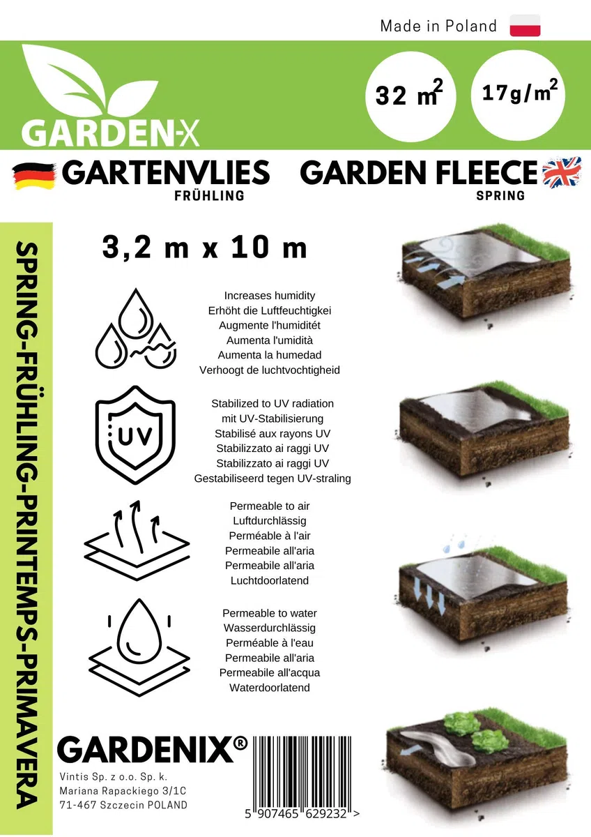 GARDENIX® 32 m² Vellón de protección contra Congelación para Primavera, Alta estabilización UV, Permeable al Agua, Cubierta de Primavera para Plantas (3,2m x 10m)