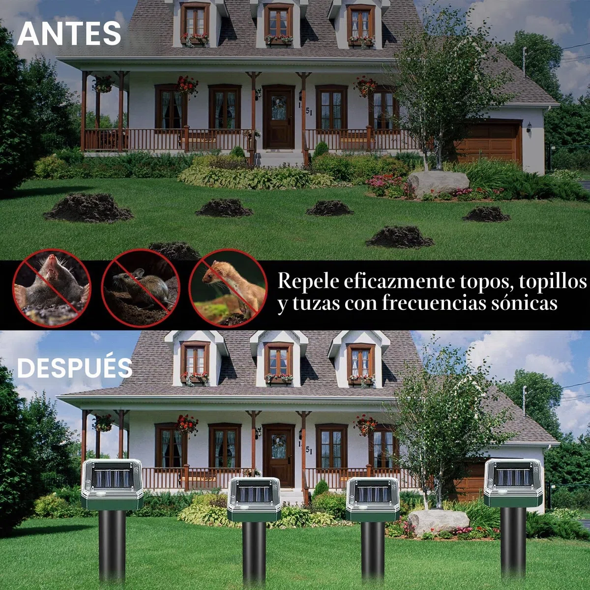 Ahuyentador de Topos, 4 Piezas Ahuyentador de Ratas, Repelente Ultrasónico de Ratones, Repelente de Topos Solares, Impermeable Ahuyentador de Ratas para Jardin y Cámping, Anti Topos Serpientes Ratones