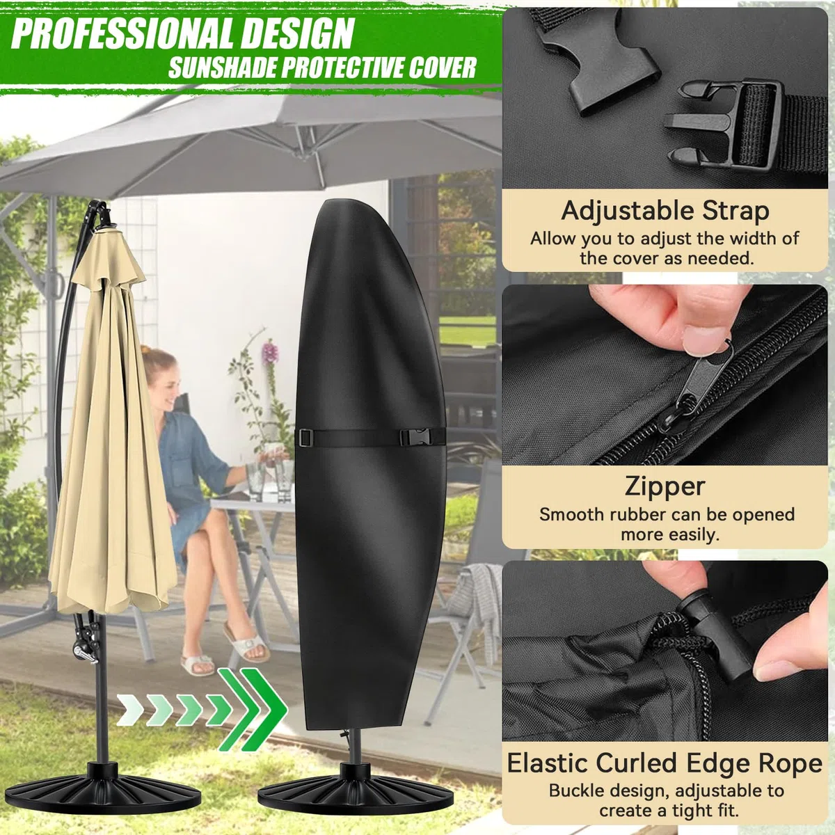 Funda Sombrilla, Funda Protectora para Parasol con Pértiga Telescópica, Funda de Tela Oxford 420D, Impermeable y Protección UV, para Parasoles de Exteriores, Terraza y Jardín, 265 x 40/70/50 cm