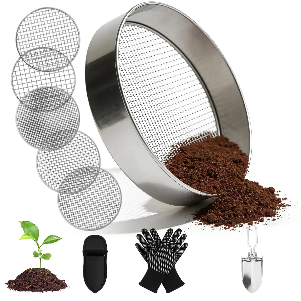 Colador de jardín de acero inoxidable, 5 en 1, colador de jardín redondo, 20 cm, con 5 tamices intercambiables de 3,6,9,10,12 mm de diámetro, colador de suelo duradero con guantes y pala, colador de