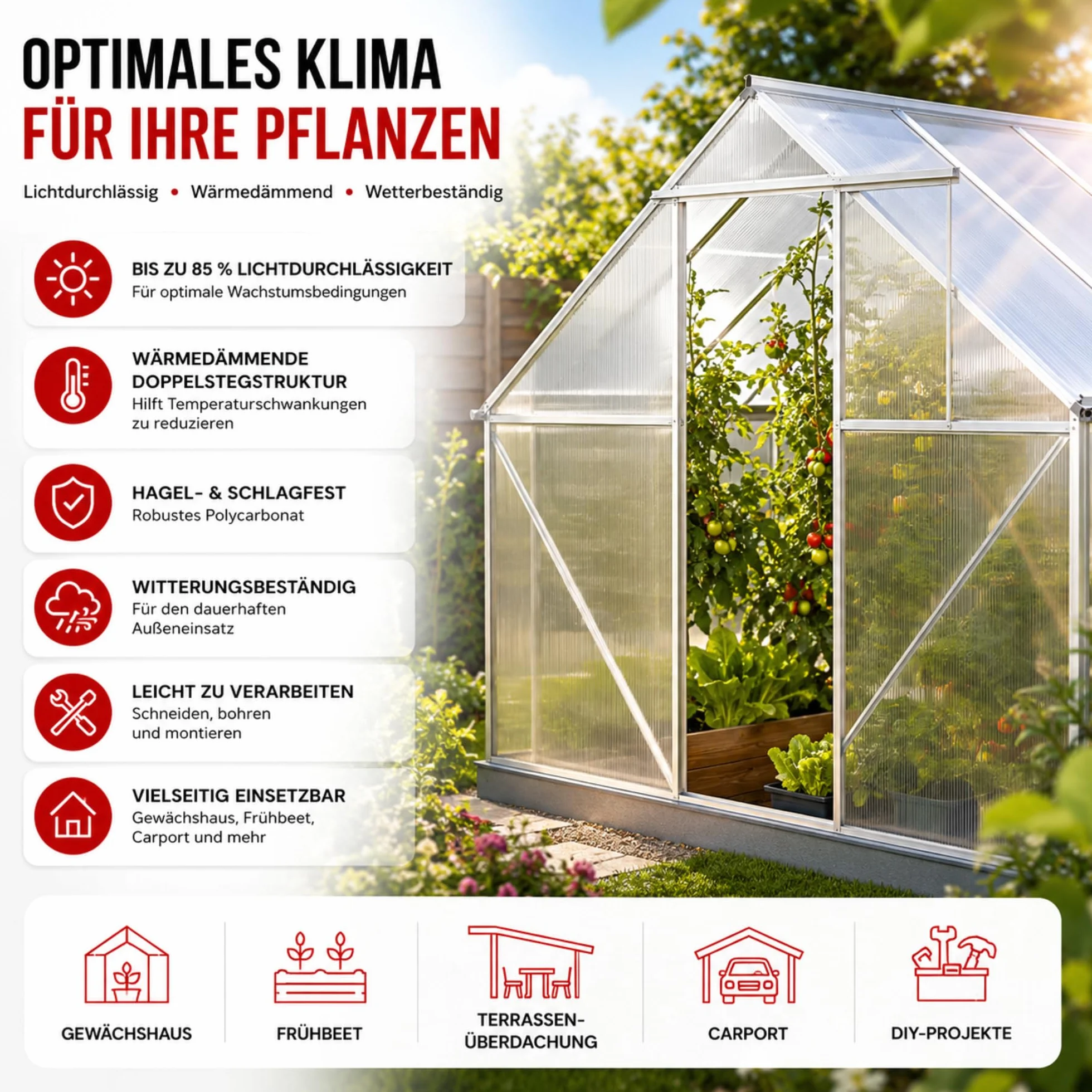 KARAT Placas alveolares de alta plasticidad para invernadero, 10,25 m², 14 unidades, 60,5 x 121 cm, planchas alveolares de policarbonato de doble pared (grosor: 6 mm)
