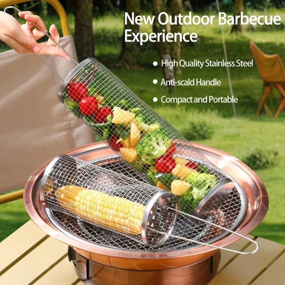 Cesta de parrilla enrollable, cesta para barbacoa al aire libre, barbacoa redonda de acero inoxidable, parrilla para barbacoa, portátil para acampar al aire libre, verduras, papas fritas, pescado