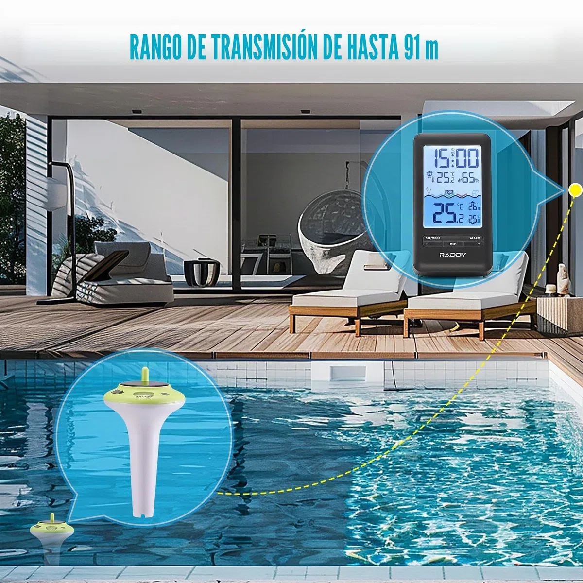 Raddy PT-5 WIFI Termómetro de piscina, Sensor flotante inalámbrico, consola interior, Monitoreo remoto por aplicación, IPX8, recargable con energía solar y USB-C, para piscina, jacuzzi