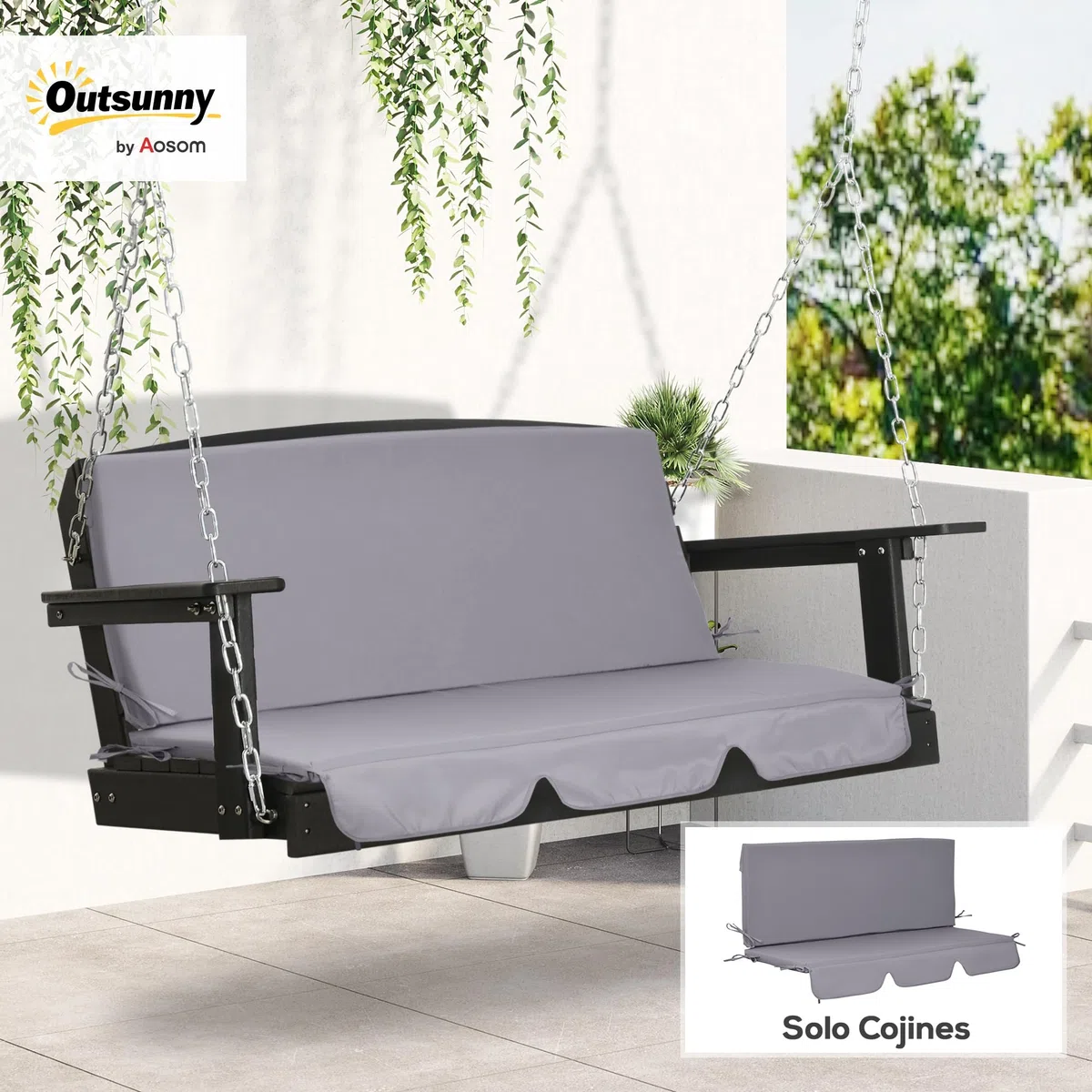 Outsunny Cojín para Columpio de 2 Piezas 130x45x5 cm Cojín para Balancín Cojín de Asiento y Respaldo Acolchado para Jardín Terraza Balcón Exterior Gris