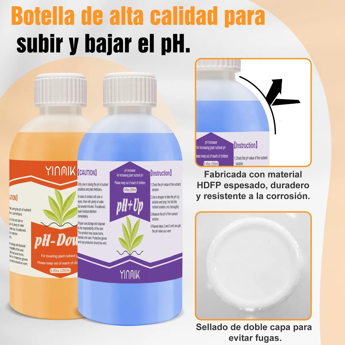 YINMIK Regulador de pH Hidropónico Universal, Kit de Ajuste de pH Hacia Arriba/Abajo (2 * 250 ml solución tampón premium), Eestabiliza y Es Apto Para Todos los Sistemas de Fertirrigación Hidropónica