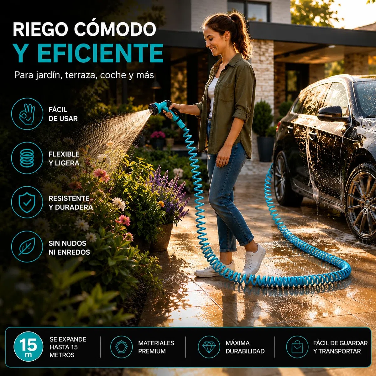 Manguera Extensible de Jardín 15m, manguera de riesgo agua .Manguera en espiral de jardín, Manguera de agua extensible, Manguera de riego espiral, 8 modalidades de riesgo.