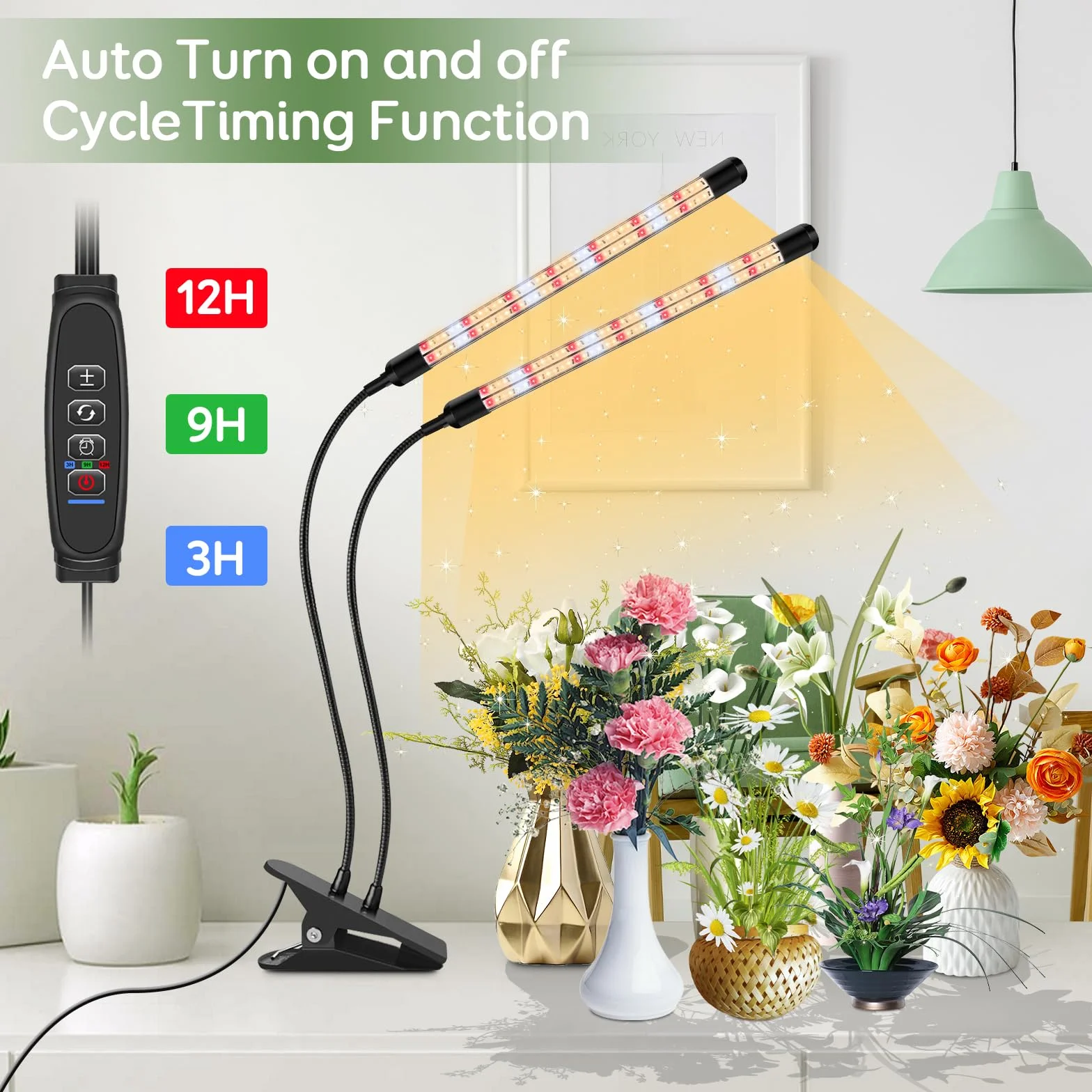 2 cabezas de luces de plantas, V-Shape crecer luces para plantas de interior, de espectro completo crecer luces con clip, automático ON & OFF temporizador 3/9/12H