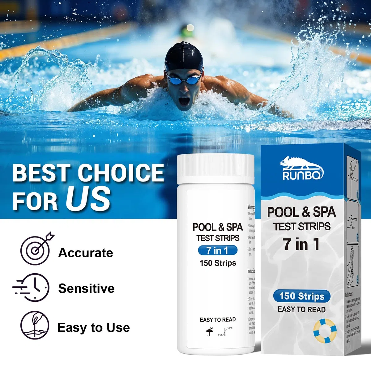 Tiras de prueba de piscina 7 en 1 para spa | Kit de prueba de agua rápido y preciso de 150 tiras, bromo, alcalinidad total, pH, cloro libre, dureza total, ácido cianúrico y cloro total tiras de prueba