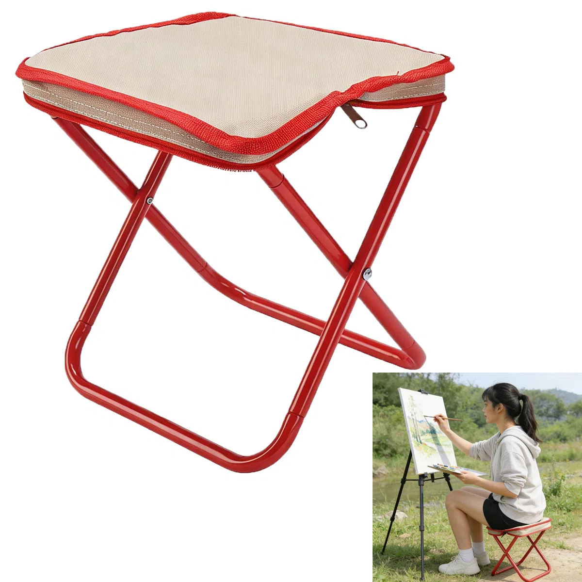 Taburete Plegable Silla Camping Portatil Sillas - 1 Unidad, Rojo, Plegables Ligera Taburetes, Apto para Todo Tipo Actividades Aire Libre, como Acampadas, Senderismo, Pesca Fiestas la Playa