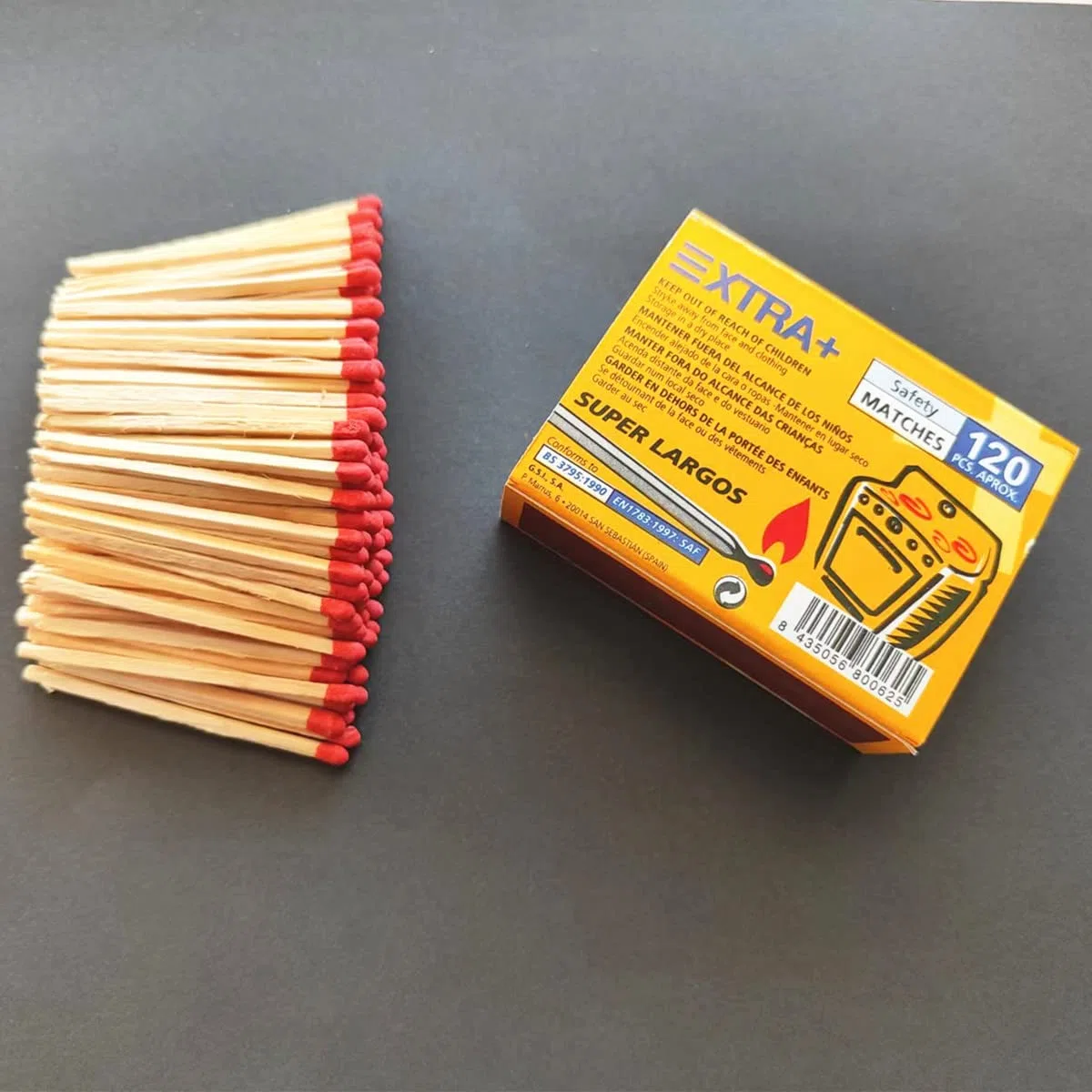 12 Cajas 432 Pastillas de Encendido Chimenea, Estufas y Barbacoas,Pastilla encender Carbon + 1Caja 120 fósforos de Madera extralargos de 5.5cm.