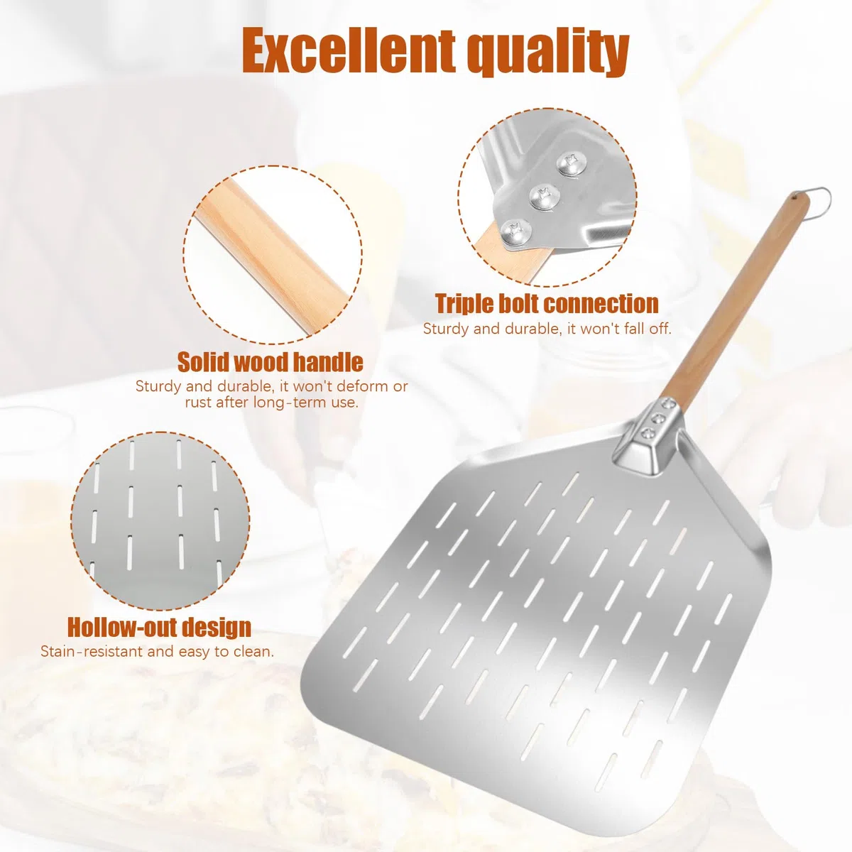 Pala Pizza Perforad, Profesional Pala Pizzas Perforada Acero Inoxidable, Soporte Superficie Grande, Fácil Deslizamiento Sobre Piedra Barbacoa Cocinar Pan, Mas Estable, Fácil Almacenar